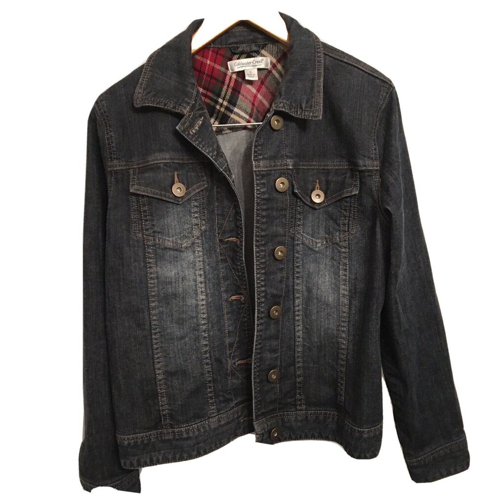 Coldwater Creek Denim Jean Jacket Women’s Size Small  Plaid Flannel Accents